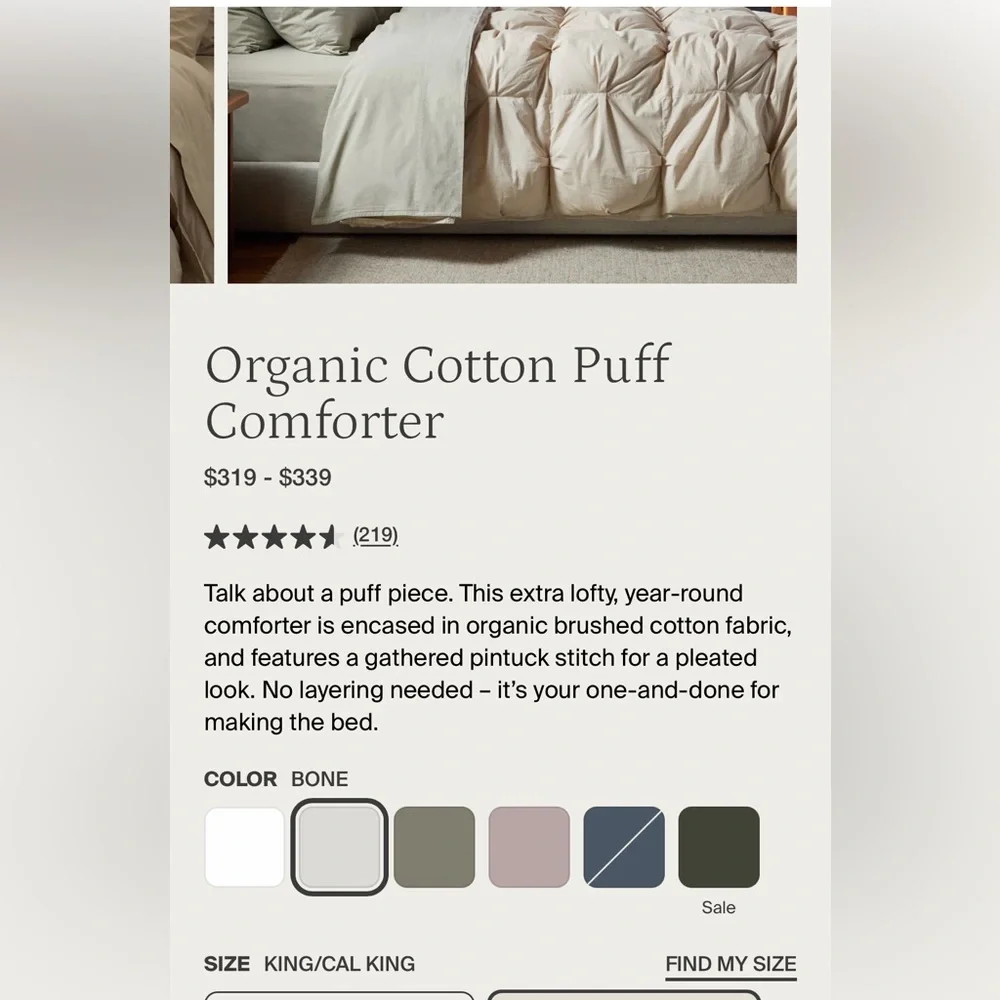 PARACHUTE Organic Cotton Puff Comforter $339 LIKE NEW BONE Full / Queen